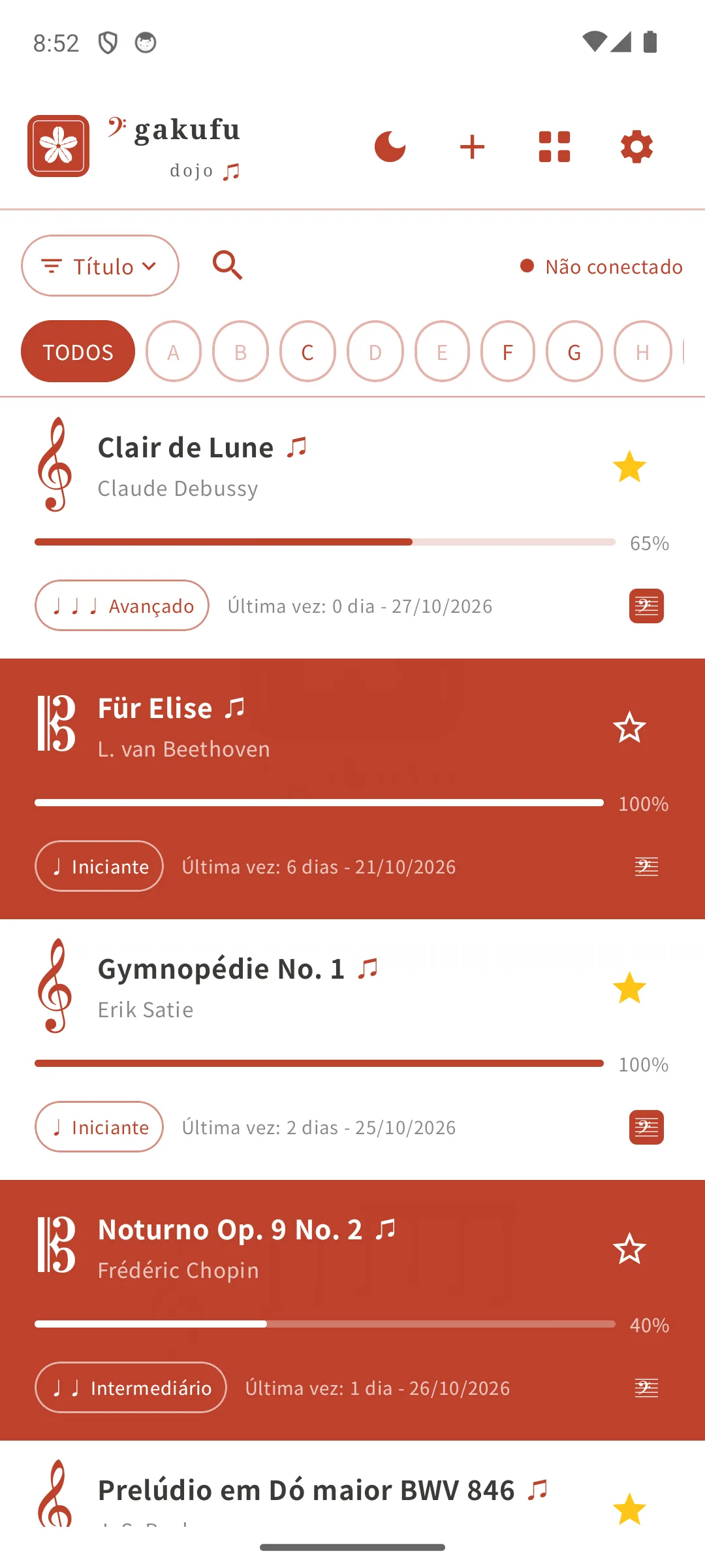 Biblioteca de partituras com progresso, dificuldade e favoritos