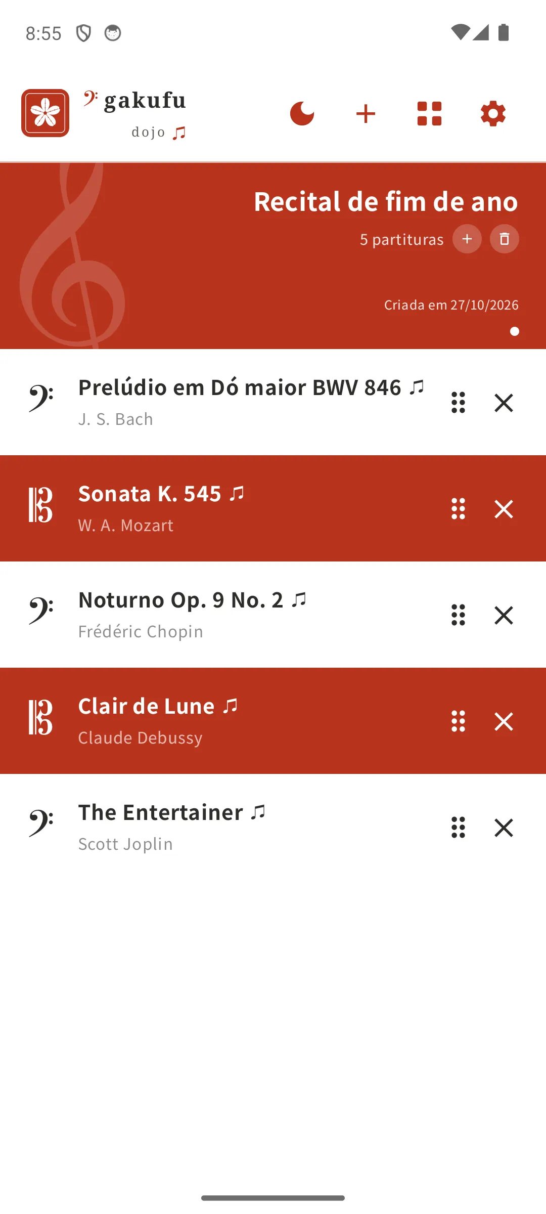 Setlist “Recital de fim de ano” com as peças em ordem