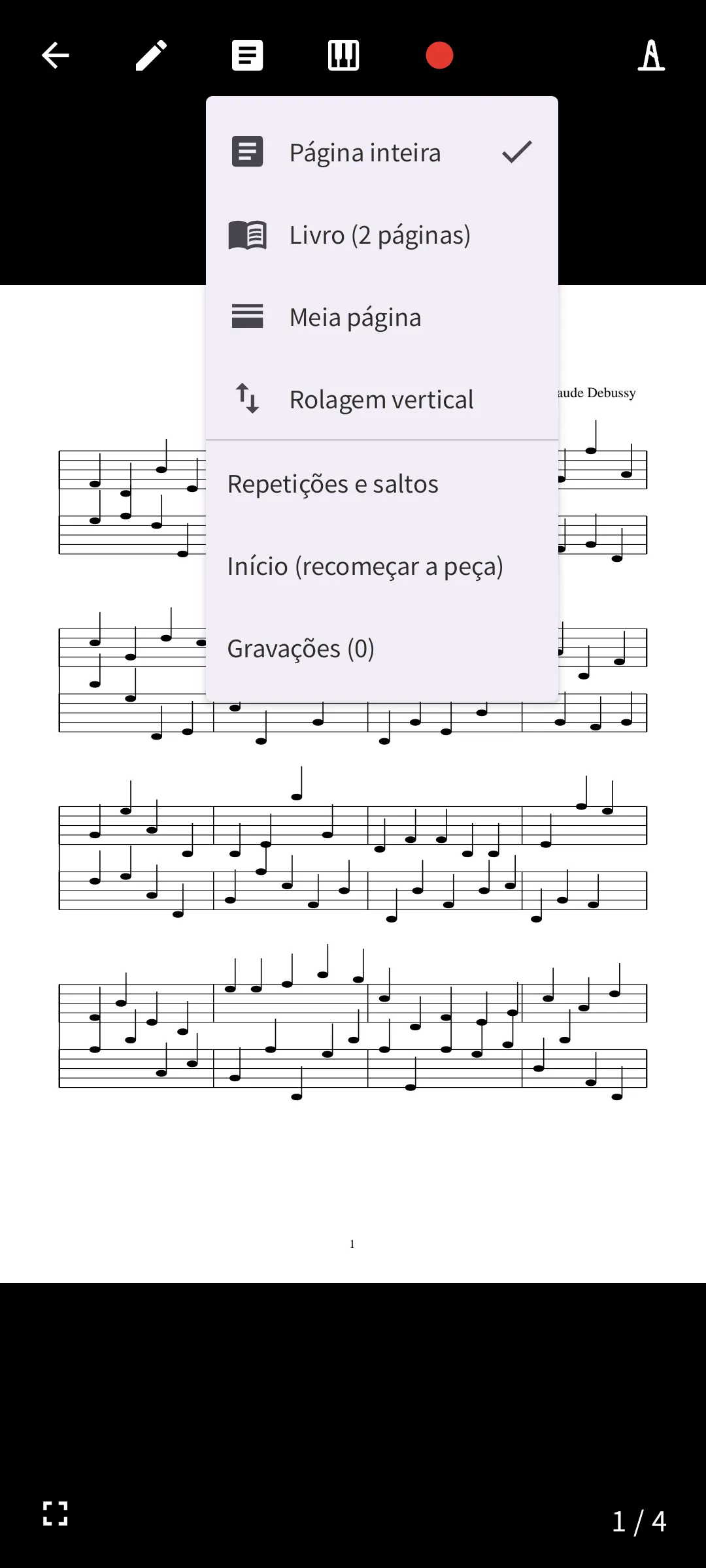 Menu com os modos de leitura