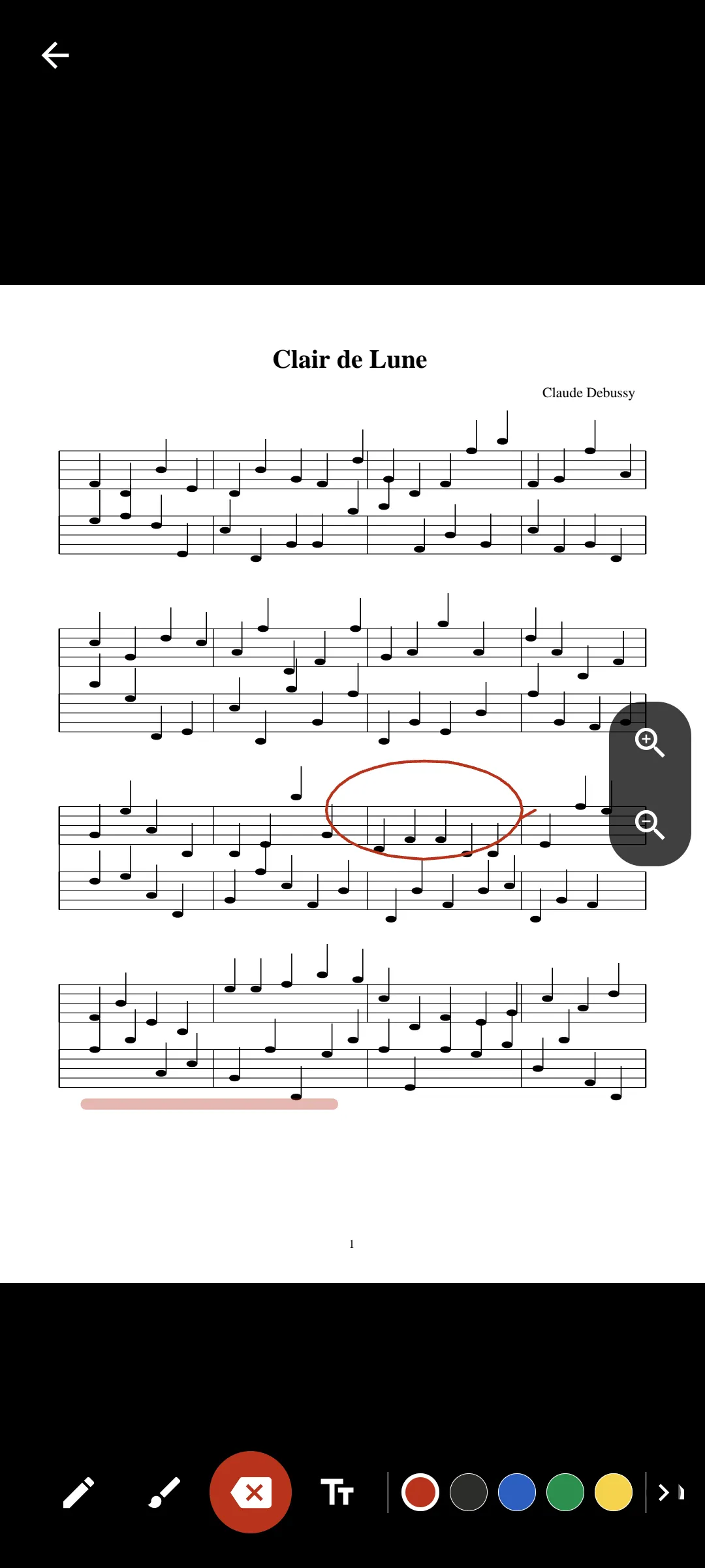 Anotações com círculo e marca-texto sobre a partitura