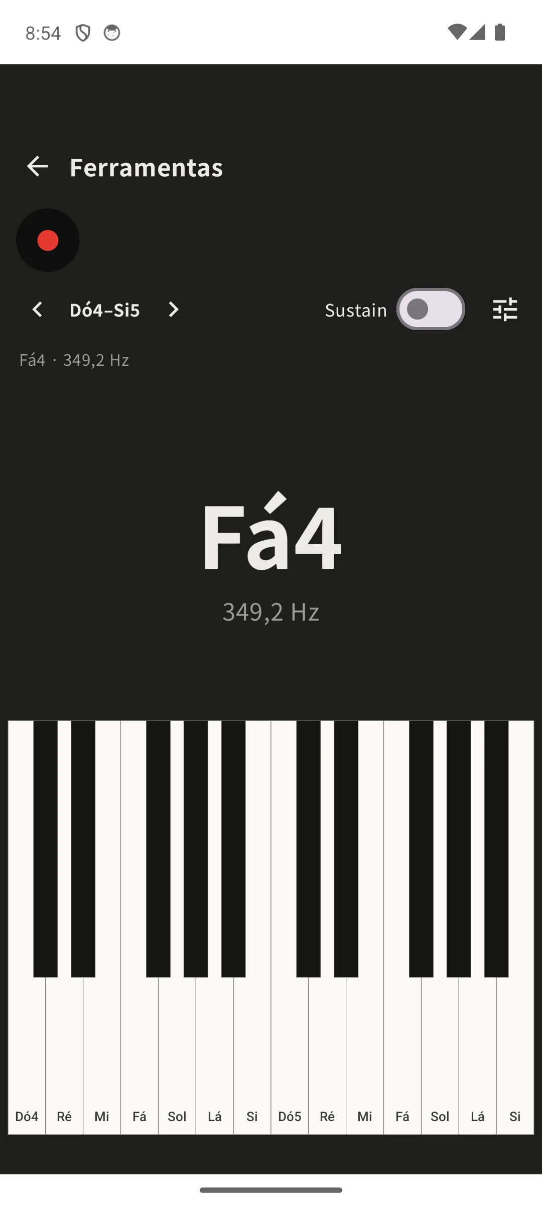 Piano em tela cheia mostrando Fá4, 349,2 Hz