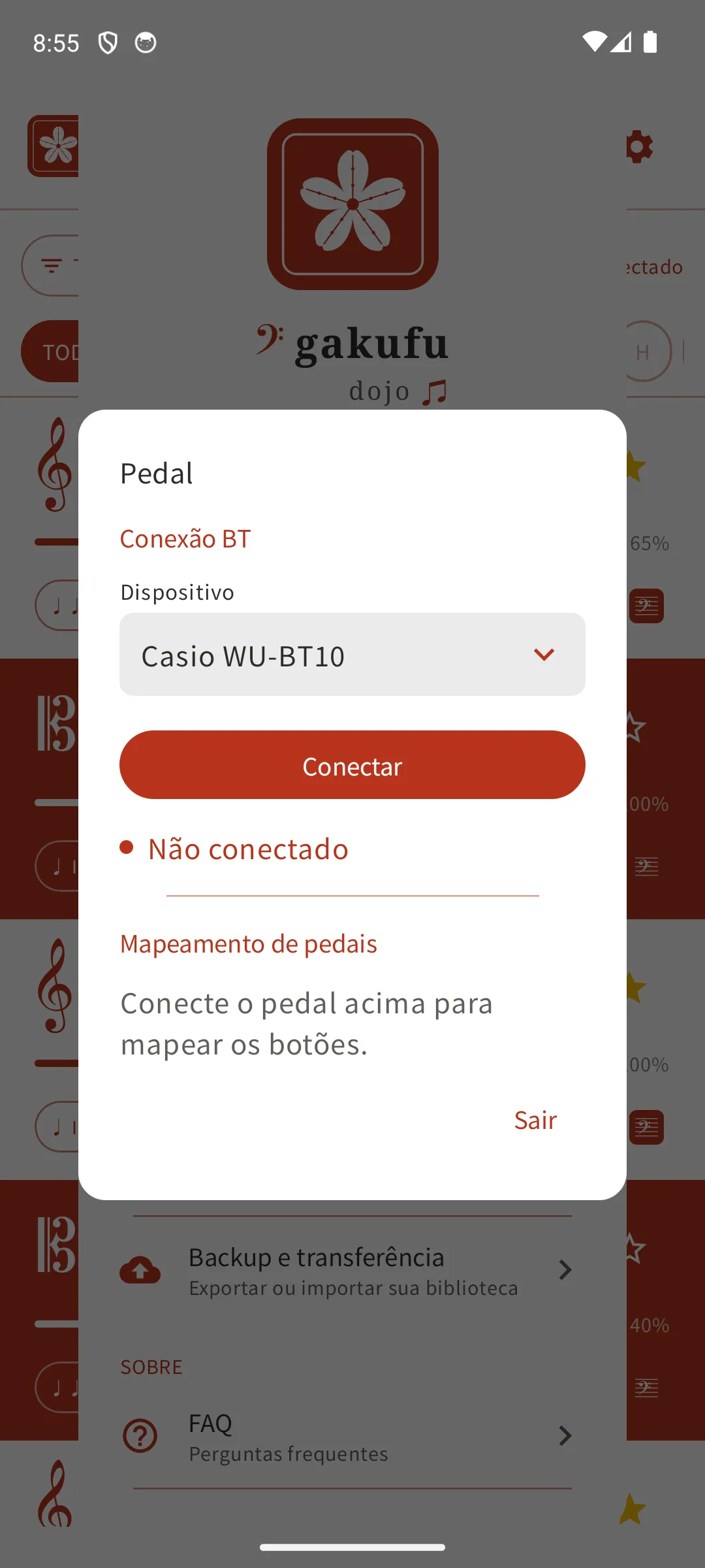 Tela de conexão e mapeamento do pedal Bluetooth